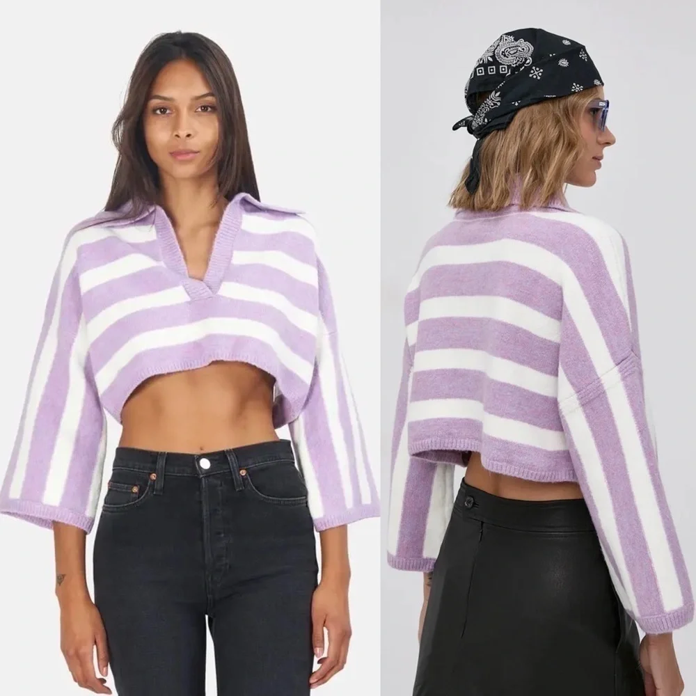 NWT LOVE LEMONS 90s Lavender Stripe V-Neck Oversized Soft Knit Cropped Sweater L